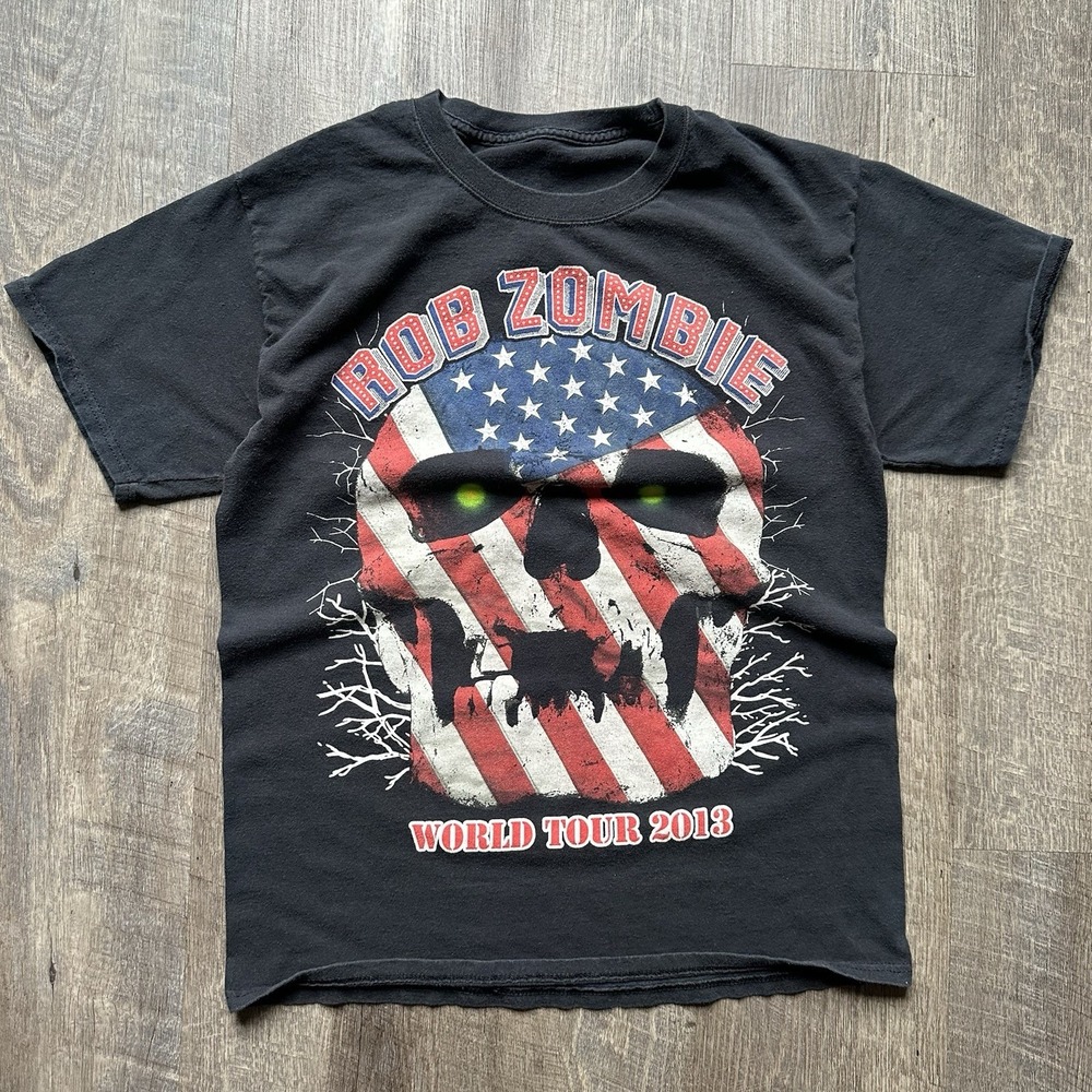 Rob Zombie 2013 World Tour Shirt Skull US Flag Black Size M? Distressed